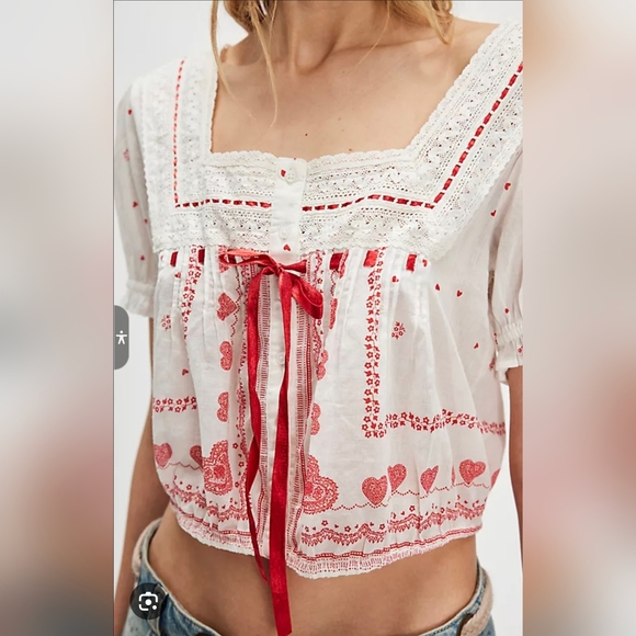 Free People White Blouse with Pink Heart Accents - Picture 1 of 9